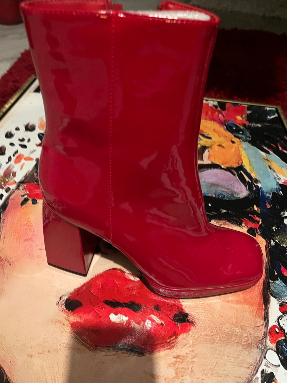 BAMBOO Red Patent Block Heel Ankle Boots